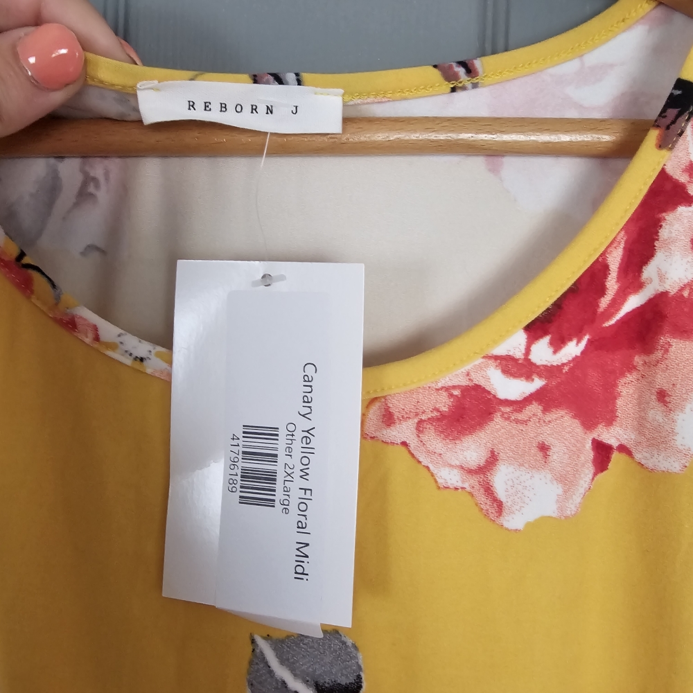 NWT Reborn J Floral Midi Dress 2XL Yellow Stretchy Long Sleeve Boho Style - Picture 2 of 4
